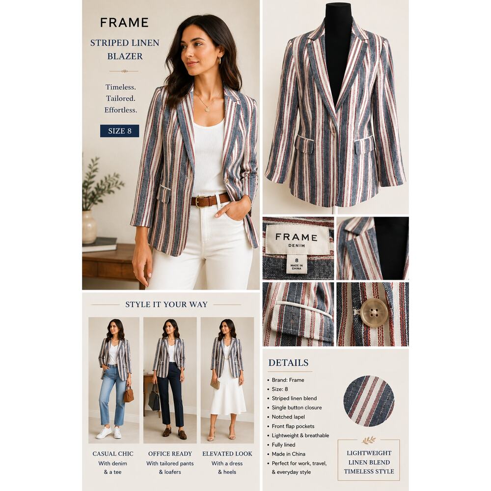 FRAME Linen Blazer Jacket Striped Single Button Tailored Womens SZ8 Classic